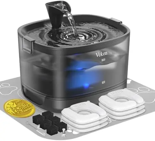 Veken 85oz/2.5L Cat Water Fountain with Detachable Tank, 6 Filters, D1 — Secure Clips, Easy to Clean & Assemble, Quiet Pet Drinking Dispenser with LED Light for Cats, Dogs and Small Pets, Black