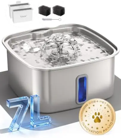 Veken Innovation Award Winner Stainless Steel Dog Fountain, 237oz, C2 Max — Automatic Pet Fountain Cat Water Dispenser with Easy-Lift Replacement Filters & Silicone Mat for Cats, Dogs (Silver)